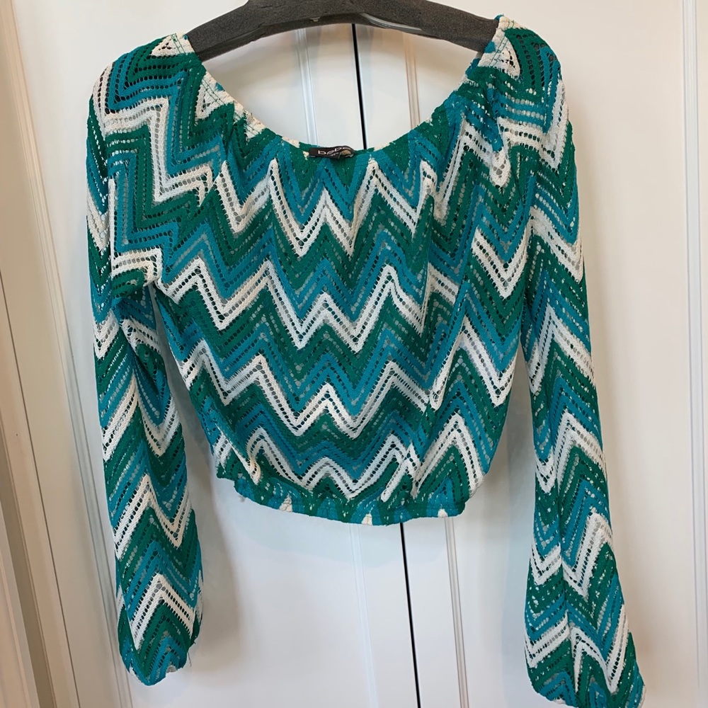 Bebe blue, white and green eyelet off shoulder top